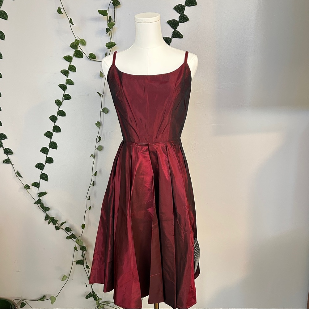 90s Vampy Burgundy A-line Midi Dress 
Hugo Buscati Burgundy Satin Dress